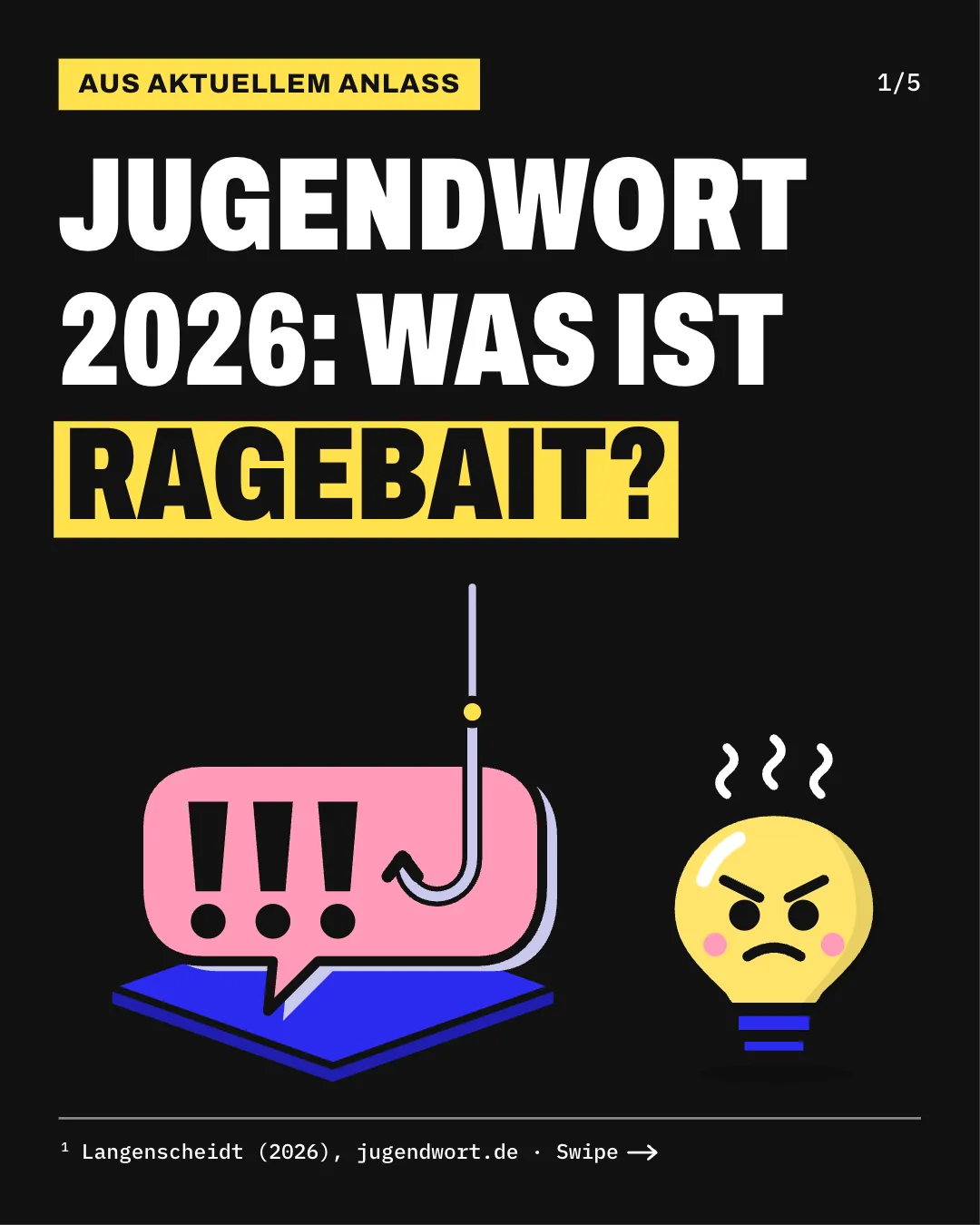 Slide 1: Jugendwort 2026: Was ist Ragebait? Eine rosa Sprechblase mit drei Ausrufezeichen hängt an einem Angelhaken, daneben Kopfi, die Glühbirne, mit genervtem Gesicht.