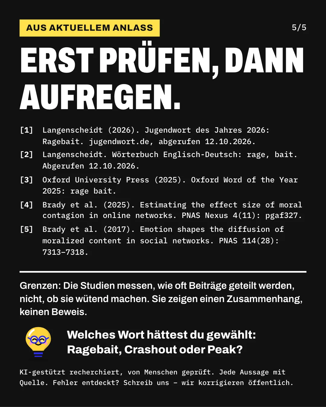 Slide 5: Erst prüfen, dann aufregen. Liste der 5 Belege. Grenzen: Die Studien messen, wie oft Beiträge geteilt werden, nicht, ob sie wütend machen. Sie zeigen einen Zusammenhang, keinen Beweis. Welches Wort hättest du gewählt: Ragebait, Crashout oder Peak?